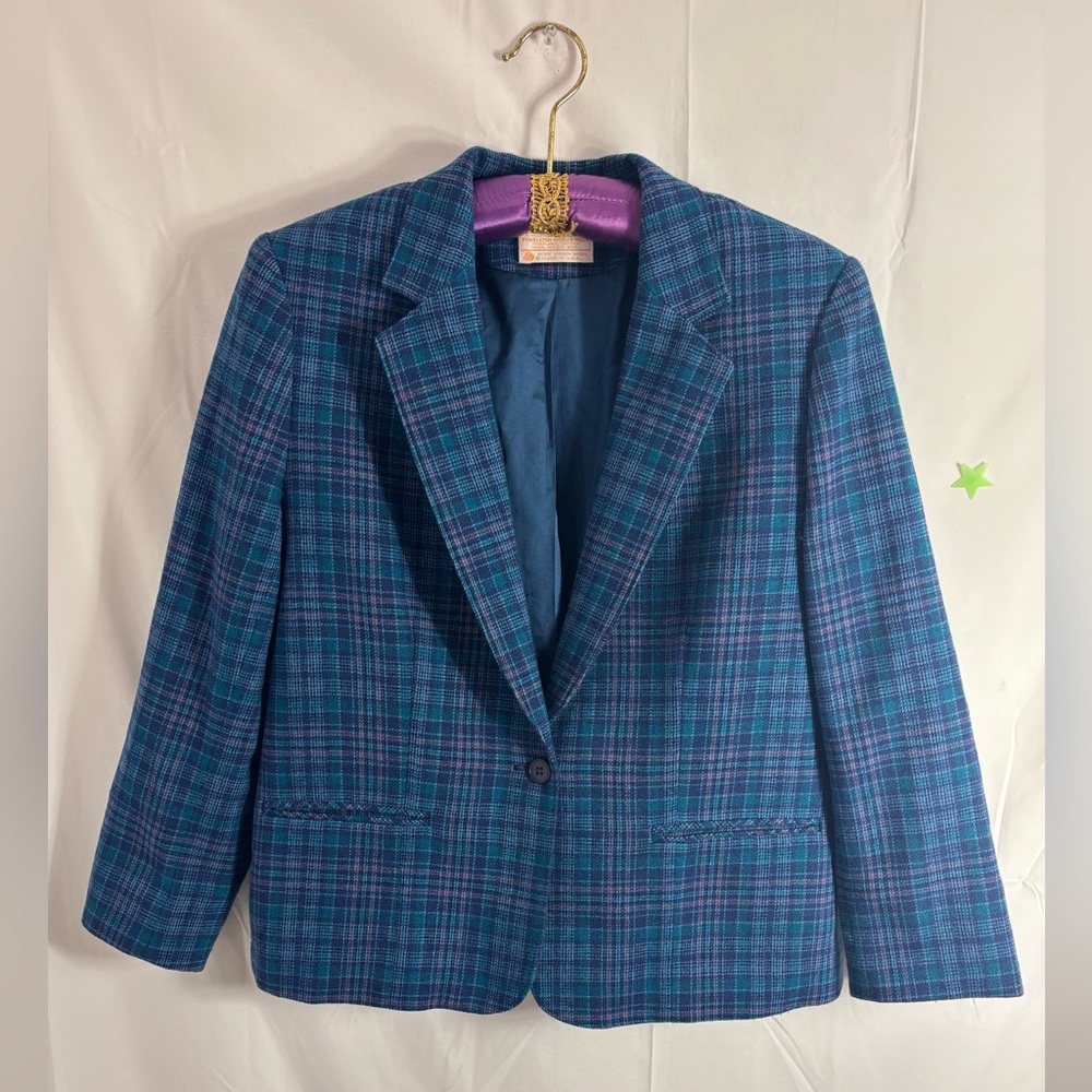 VTG Pendleton 100% Virgin Lamb’s Wool Teal Plaid Blazer Women’s Size M/L